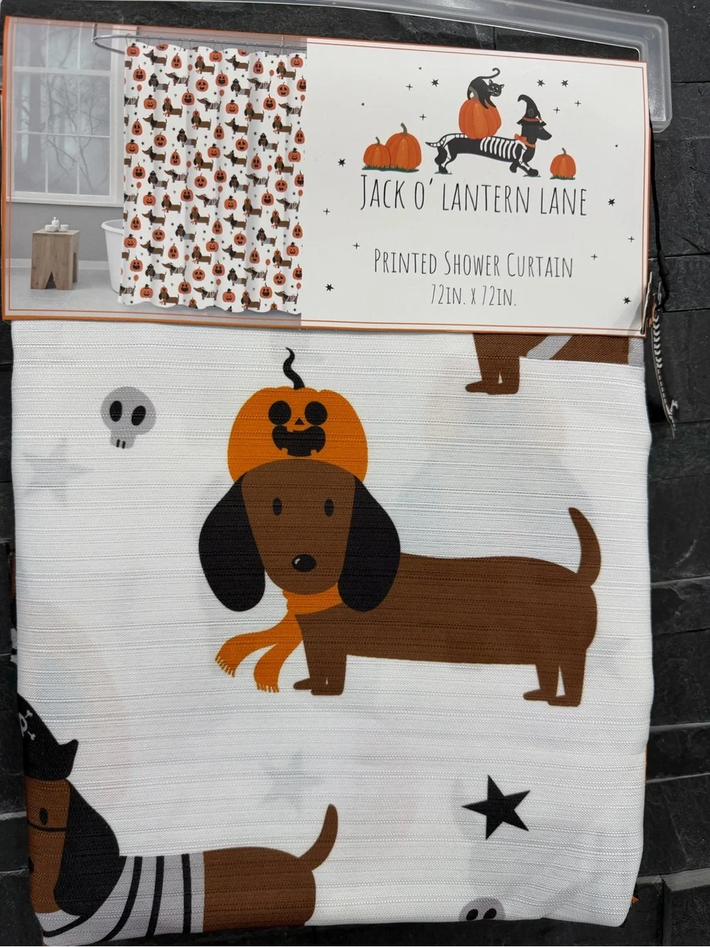 Halloween Dachshund Shower Curtain - White & Brown